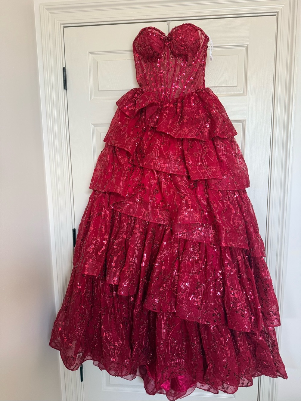 Strapless Red Tiered Sequin Evening Gown
